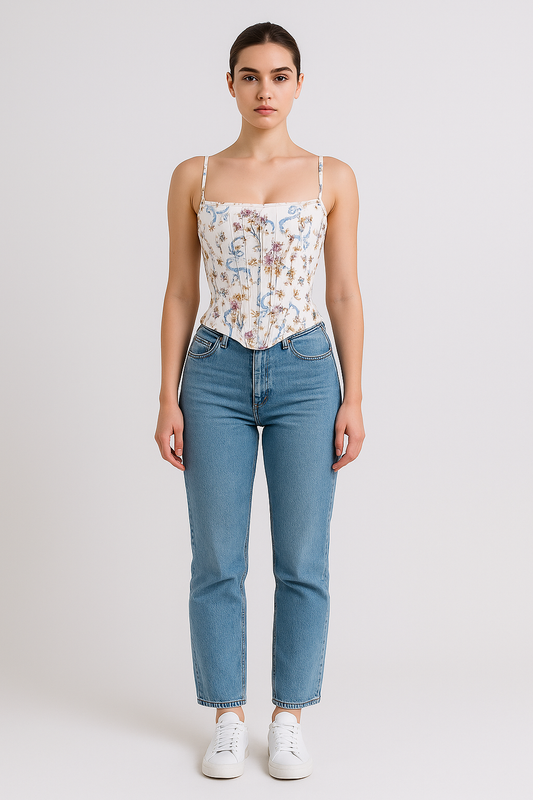 Woman wearing a floral corset top and blue jeans on a white background