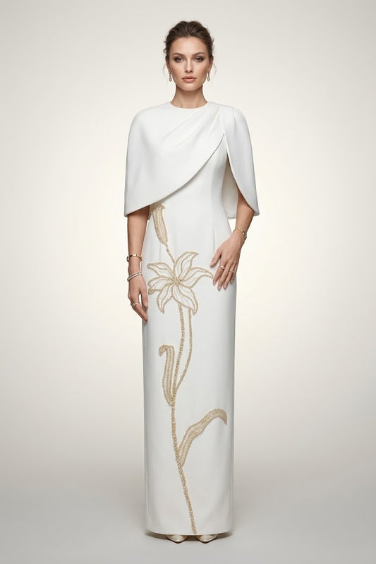 Ivory Pearl Cape Maxi Gown