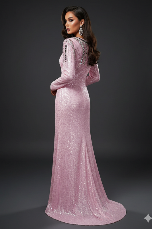 Aveline Pink Sequin Long Sleeve Evening Gown