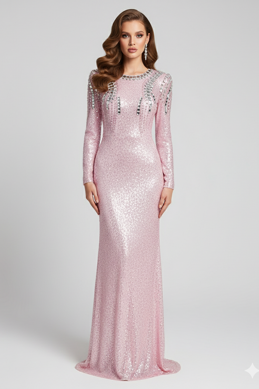 Aveline Pink Sequin Long Sleeve Evening Gown