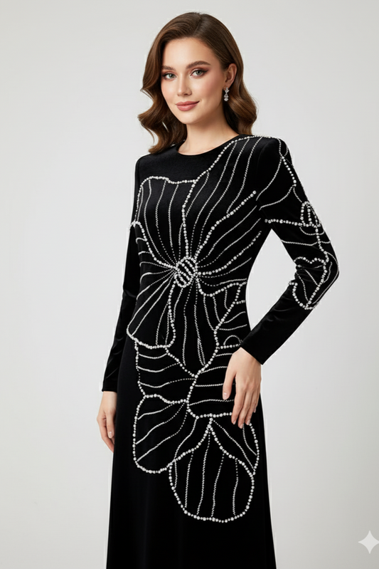 Woman wearing a black dress with silver floral embellishments on a white background