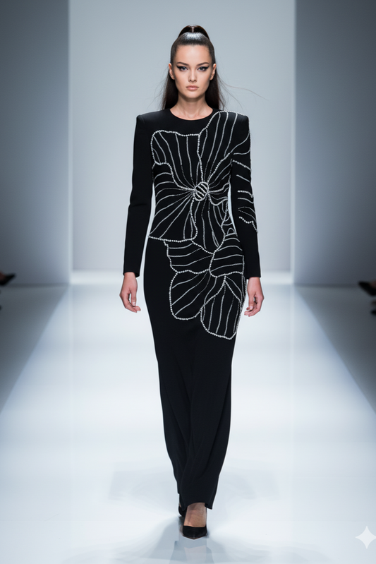 Model wearing a black dress with white floral patterns on a runway.
