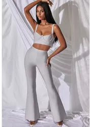 Casual Wear Ladies Solid Color Pants 2 Piece Set Vest Crop Top and Trouser Women Sets