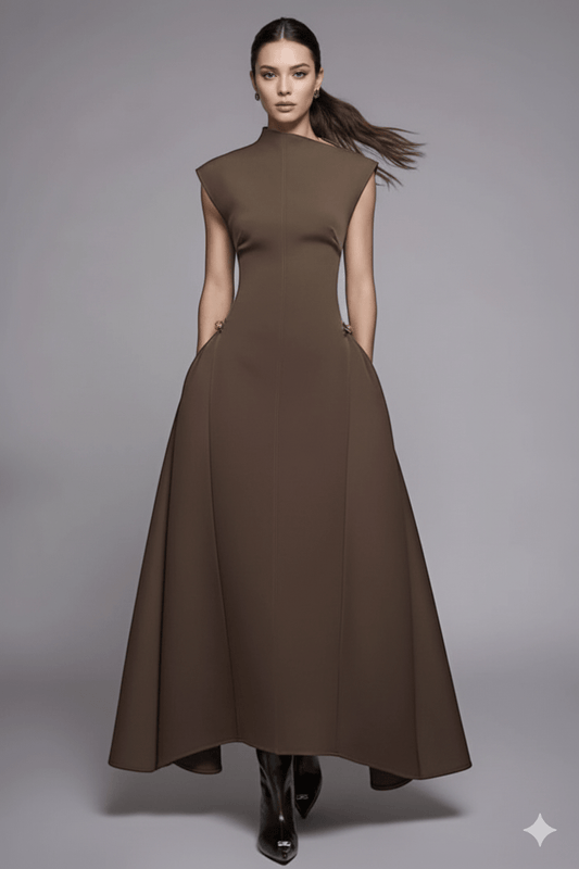 Aurelia Asymmetrical Collar Gown by Luxe Lane | from Luxe Lane | SKU: | Barcode: | Options: Brown XS | Aurelia Asymmetrical Collar Gown