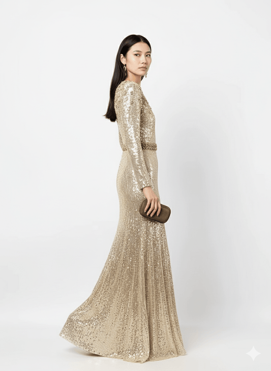 Aureline Gold Sequin Beaded Gown by Luxe Lane | from Luxe Lane | SKU: | Barcode: | Options: Gold XL | elegant Luxe Lane women’s gold sequin evening dress with long sleeves and radiant shine