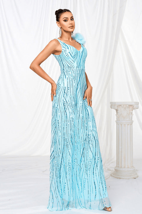 Aureline Sequin Floral A - Line Evening Gown by Luxe Lane | Dresses from Luxe Lane | SKU: -1 | Barcode: | Options: Blue S | Wholesale Dropshipping Elegant Women Light Blue Sequin Maxi Party Dress V Neck Formal Long Gown Evening Dresses