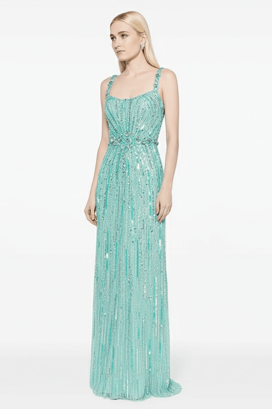 Aveline Sequin Beaded Mesh Gown by Luxe Lane | from Luxe Lane | SKU: | Barcode: | Options: Rose Red S | full - length view of Luxe Lane aqua sequin gown with shimmering vertical bead design and thin straps