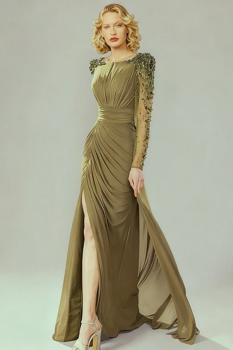 Beaded Long Sleeve High Slit Evening Gown by Guangdong | Party dresses from Luxe Lane | SKU: W11326-1 | Barcode: | Options: green S(2) | Luxury Olive Green Evening Dress Elegant Long Sleeve Beaded Maxi Gown Women High Slit Formal Dresses for Party and Wedding
