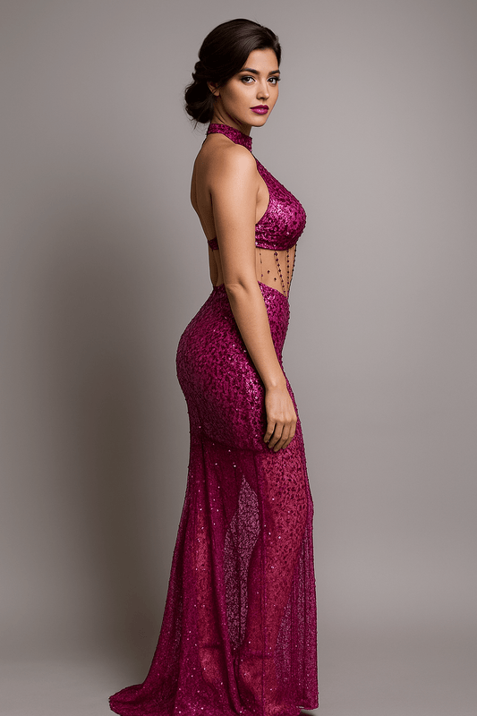 Blush Siren Gown Sequin Halter by Luxe Lane | mermaid gown from Luxe Lane | SKU: | Barcode: | Options: Rose Red S | Blush Siren Gown Sequin Halter