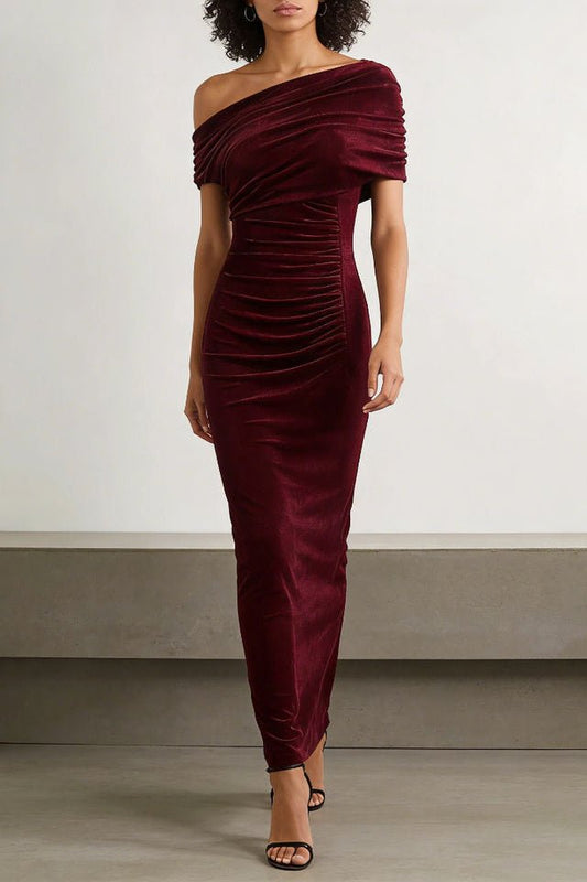 Burgundy One Shoulder Maxi DressParty DressesWine RedS(2)Luxe Lane