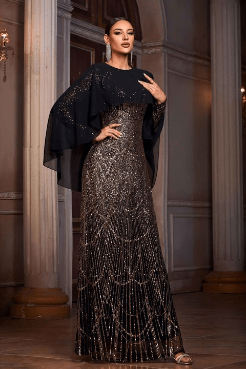 Cassia Black & Gold Sequin Cape Gown by Shine | Evening Dresses from Luxe Lane | SKU: -1 | Barcode: | Options: Black gold S(6) | Dropshipping Women Garment High End Black and Gold Sequins Long Sleeve Cape Maxi Long Party Gown Luxury Sequin Evening Dresses