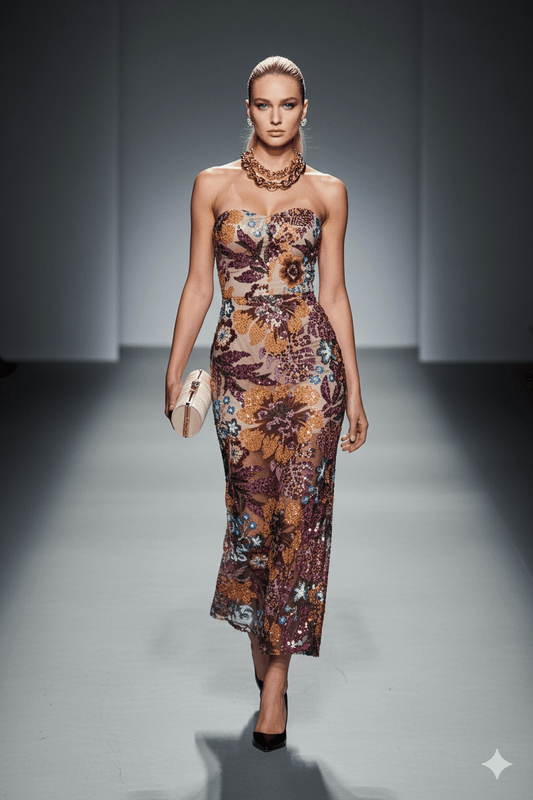 Celeste Bloom Strapless Embroidered by Luxe Lane | sheath gown from Luxe Lane | SKU: | Barcode: | Options: pink S | Model walking on a runway wearing a floral strapless dress.