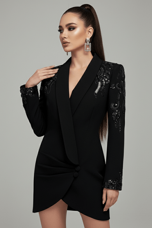 Celina Sequin Beaded Blazer Dress by Luxe Lane | from Luxe Lane | SKU: | Barcode: | Options: Beige S | model in Luxe Lane black blazer dress with sparkling bead embellishment and long sleeves