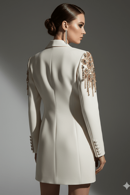 Celina Sequin Beaded Blazer Dress by Luxe Lane | from Luxe Lane | SKU: | Barcode: | Options: Beige S | back view of Luxe Lane white sequin blazer dress showing tailored fit and elegant silhouette