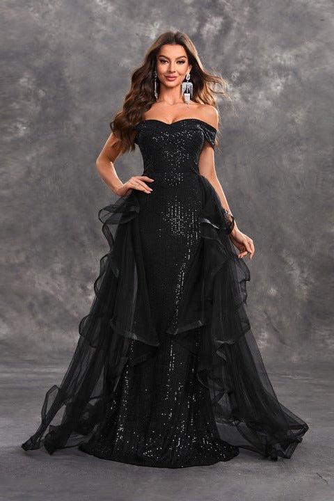 Off-Shoulder Sweetheart Satin Mermaid Evening Dress | Luxe Lane Black / UK 12 Off-Shoulder Sweetheart Satin Mermaid Evening Dress | Luxe Lane Black / UK 12