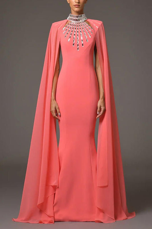 Coral Crystal Cape Mermaid GownEvening DressesCoral RedSLuxe Lane