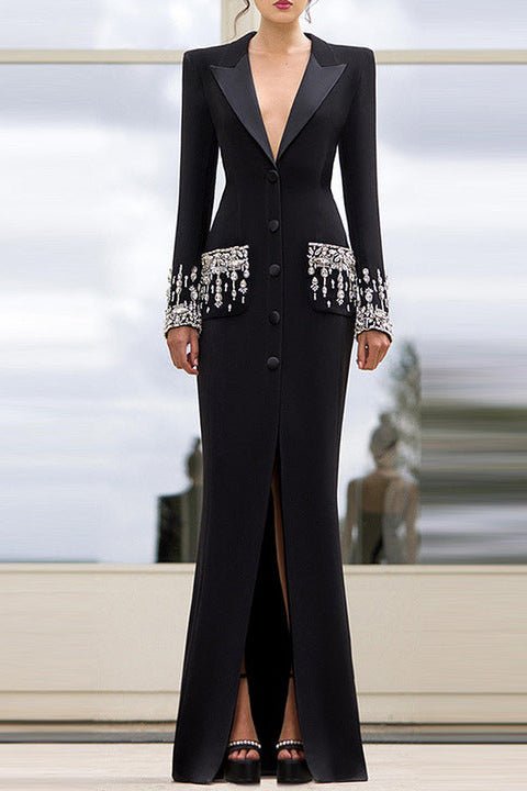 Crystal - Beaded Blazer Maxi Evening DressBlackS(6)Luxe Lane