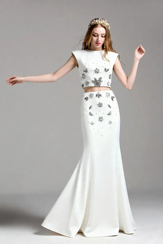 Crystal Floral Two - Piece Maxi Skirt Set by Luxe Lane | one set from Luxe Lane | SKU: -1 | Barcode: | Options: White S(2) | Crystal Floral Two - Piece Maxi Skirt Set
