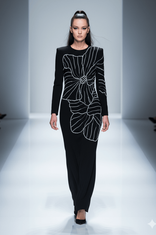 Diamara Beaded Diamond Formal Gown by Luxe Lane | from Luxe Lane | SKU: | Barcode: | Options: Black S | Model wearing a black dress with white floral patterns on a runway.