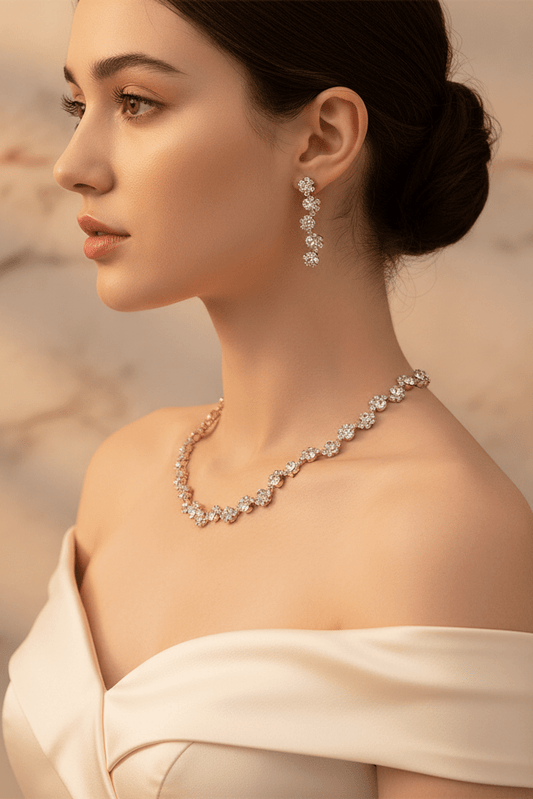 Diamond Earrings & Necklace Set for Brides by CJ | 0 from Luxe Lane | SKU: CJZBHLXN00400-default | Barcode: | Options: | Woman wearing a diamond necklace and earrings against a neutral background