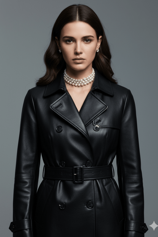 Double - Breasted PU Leather Belted Trench CoatTrenchMail greenS(6)blueLuxe Lane