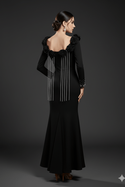 Elara Floral Slit Gown by Shine | Evening Gown from Luxe Lane | SKU: W11242-1 | Barcode: | Options: Black S(6) | Elara Floral Slit Gown