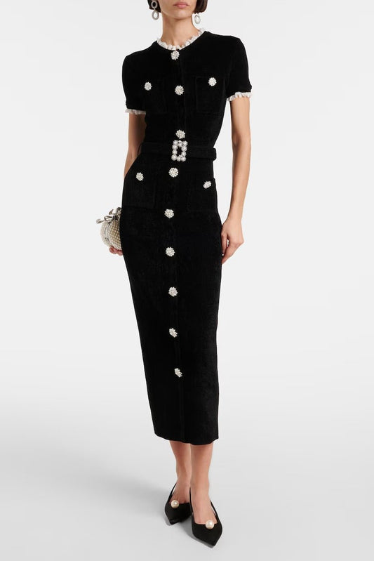 Embellished Belted Bodycon Midi Evening Dress by Luxe Lane | from Luxe Lane | SKU: | Barcode: | Options: Black S(6) | Black dress with white buttons worn by a model on a white background