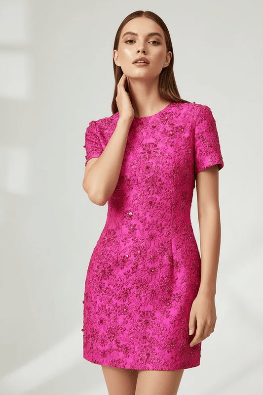 Fiorella Jacquard Beaded Mini Dress by Luxe Lane | Mini gown from Luxe Lane | SKU: | Barcode: | Options: Rose red S | Woman wearing a pink lace dress on a white background