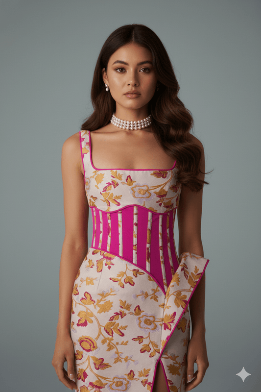 Floral Embroidered Strapless Maxi Party Dress by Shine | Party dresses from Luxe Lane | SKU: | Barcode: | Options: Rose red XS(4) | Woman wearing a floral dress with a pink corset - like top on a gray background