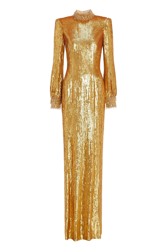 Golden Sequin Long Sleeve High - Neck Evening GownEvening GownGoldenS(6)Luxe Lane