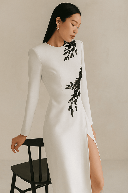Isabelle White Beaded Embroidery Gown by O'DRRESSY | Dresses from Luxe Lane | SKU: | Barcode: | Options: White S | Isabelle White Beaded Embroidery Gown