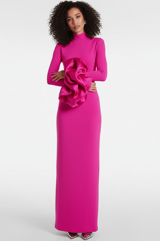 Isolde High Neck Floral Cuff Maxi Gown by Shine | a - line gown from Luxe Lane | SKU: | Barcode: | Options: pink S | Isolde High Neck Floral Cuff Maxi Gown