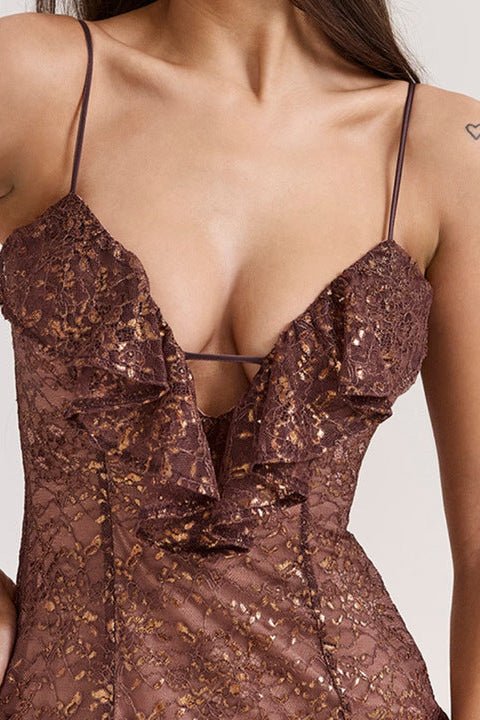 Lace Ruffled Deep V Evening Dress by Shine | heath gown from Luxe Lane | SKU: -1 | Barcode: | Options: Brown XS(4) | Elegant High Quality Luxurious Evening Dresses Women Party Gown Lace Ruffled Deep V Neck High Slit Brown Lace Mesh Formal Dress