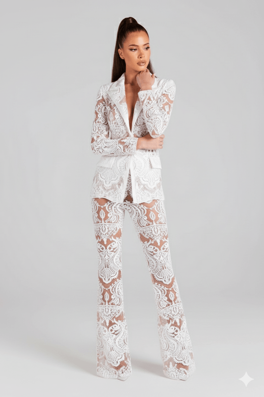 Lace Sequin Tuxedo Suit by Luxe Lane | Pant Suits from Luxe Lane | SKU: | Barcode: | Options: White S | Lace Sequin Tuxedo Suit