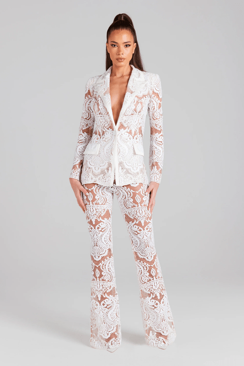 Lace Sequin Tuxedo Suit by Luxe Lane | Pant Suits from Luxe Lane | SKU: | Barcode: | Options: White S | Autumn and Winter Elegant Ladies White Lace Sequin Tuxedo Suit and Pants Sets Women Blazer Set