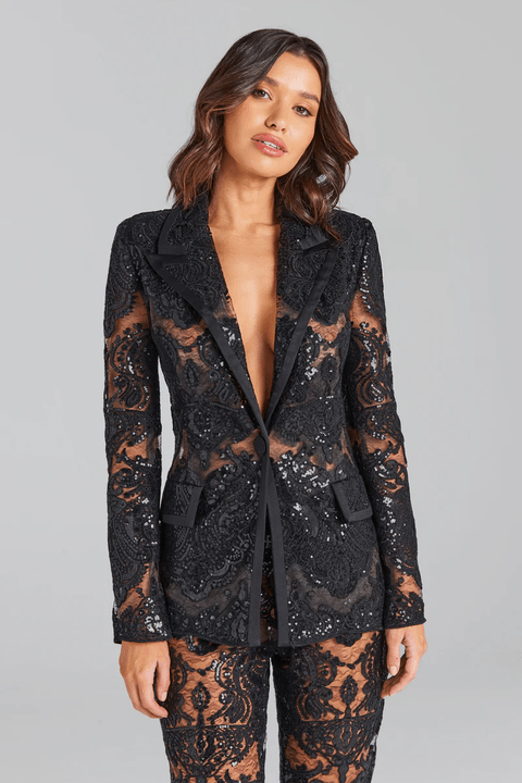 Lace Sequin Tuxedo Suit by Luxe Lane | Pant Suits from Luxe Lane | SKU: | Barcode: | Options: White S | Lace Sequin Tuxedo Suit