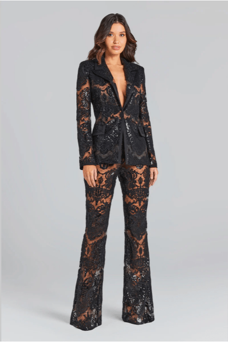 Lace Sequin Tuxedo Suit by Luxe Lane | Pant Suits from Luxe Lane | SKU: | Barcode: | Options: White S | Lace Sequin Tuxedo Suit