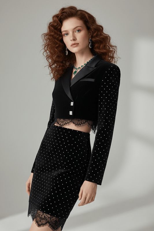 Lace Trim Velvet Blazer Two - Piece Set by Luxe Lane | one set from Luxe Lane | SKU: -1 | Barcode: | Options: Black XS(0) | Woman wearing a black blazer with lace details on a gray background