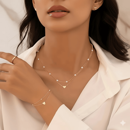Layered Pearl Necklace & Bracelet Jewelry Set by CJ | 0 from Luxe Lane | SKU: CJLX256224702BY | Barcode: | Options: Gold | Layered Pearl Necklace & Bracelet Jewelry Set