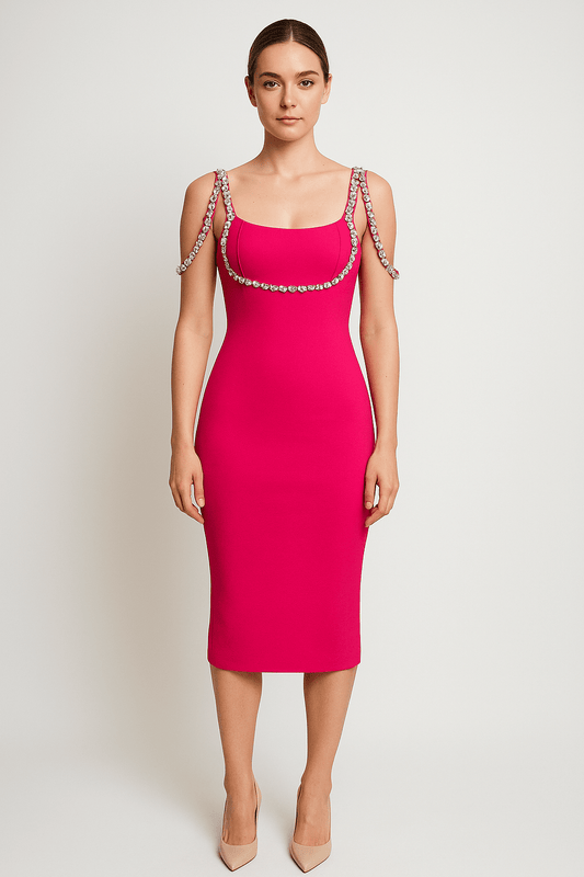 Lucia Rhinestone Strap Bodycon Dress by Luxe Lane | from Luxe Lane | SKU: 0 | Barcode: | Options: Fuchsia S | Lucia Rhinestone Strap Bodycon Dress