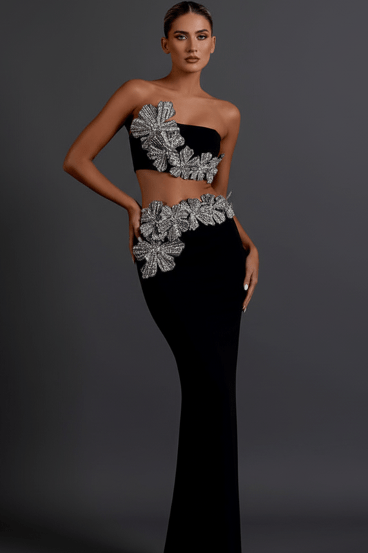 Lunaria Crystal Strapless 2 - Piece Bandage Set by Luxe Lane | from Luxe Lane | SKU: | Barcode: | Options: Black XS | Lunaria Crystal Strapless 2 - Piece Bandage Set