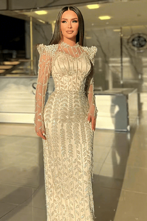 Luxury Beaded High-Neck Long Sleeve Evening Gown | Luxe Lane Champagne / UK 20 Luxury Beaded High-Neck Long Sleeve Evening Gown | Luxe Lane Champagne / UK 20