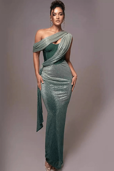 Maelis Green One - Shoulder Corset Maxi Gown by Shine | Evening Gown from Luxe Lane | SKU: -1 | Barcode: | Options: Green S | High Quality Women Party Wear Green One Shoulder Draped Bodycon Formal Dresses Elegant Corset Maxi Dress Evening Gown