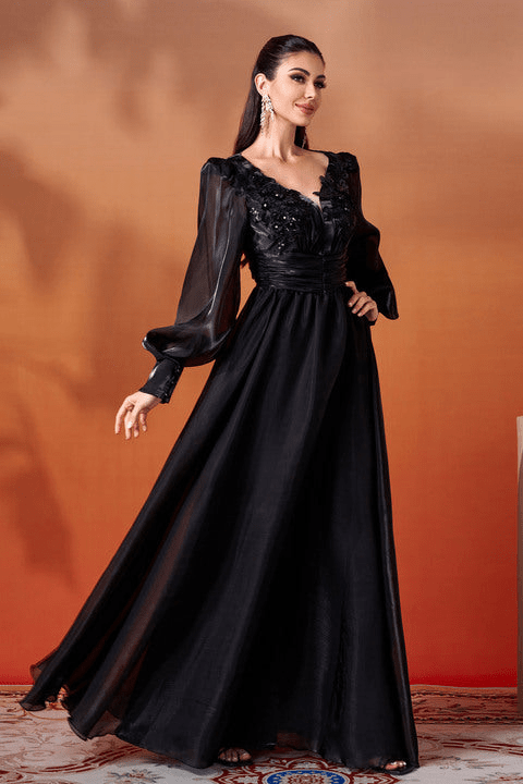 Marcelline Black V - Neck Maxi Gown by Luxe Lane | Ball gown from Luxe Lane | SKU: W11185-1 | Barcode: | Options: Black S | Luxury Black Evening Maxi Dresses Women Long Sleeve V Neck Gown Formal Party Dress Prom Wedding Outfit Ladies Fashion Clothing