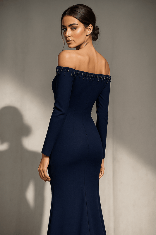 Midnight Radiance Gown Off - Shoulder by Luxe Lane | sheath gown from Luxe Lane | SKU: | Barcode: | Options: Dark blue S | Midnight Radiance Gown Off - Shoulder