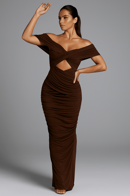 Mocha Muse Gown Off - Shoulder Ruched by Luxe Lane | sheath gown from Luxe Lane | SKU: | Barcode: | Options: Brown S | Mocha Muse Gown Off - Shoulder Ruched