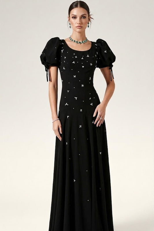 Noir Crystal Puff Sleeve GownEvening DressesBlackS(2)Luxe Lane
