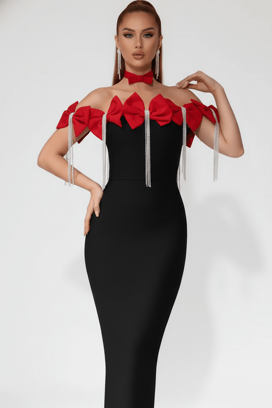 Off - Shoulder Mermaid Maxi Evening Dress with Bow & Rhinestone TasselParty dressesRedS(6)Luxe Lane