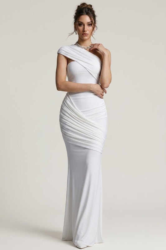 One Shoulder Ruched Maxi DressParty DressesWhiteS(2)Luxe Lane