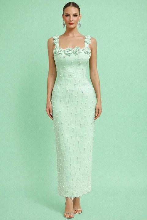 Pearl Floral Beaded Sleeveless Bodycon Maxi Dress by Guangdong, China | heath gown from Luxe Lane | SKU: -1 | Barcode: | Options: Light green S(6) | Dropshipping Light Green Pearl Sleeveless Midi Dress Elegant 3D Floral Strap Beaded Bodycon Evening Party Wedding Guest Gown